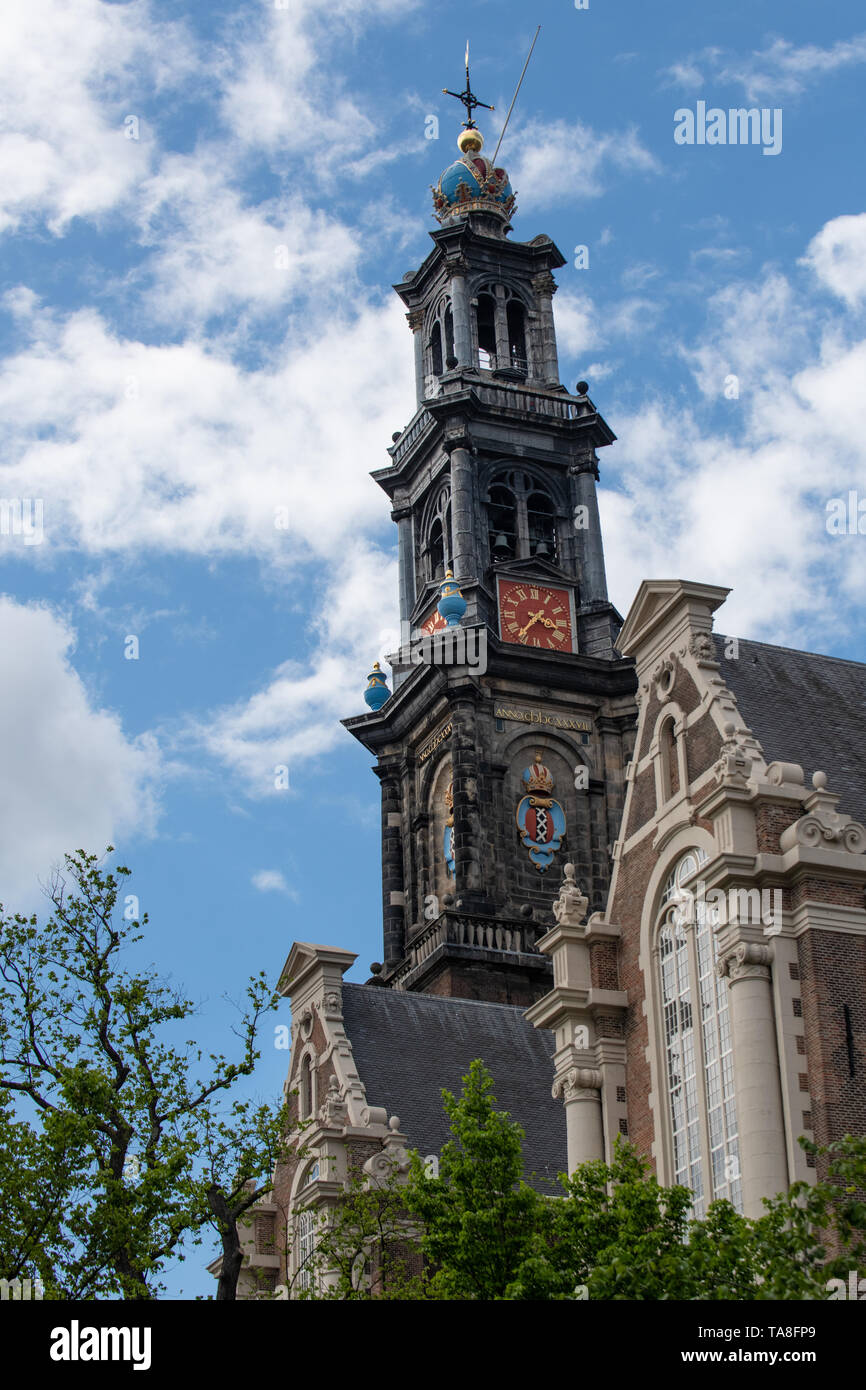 Westerkerk church Amsterdam Netherlands - Renaissance style church - Renaissance architecture by Hendrick de Keyser Calvinist church spire Stock Photo
