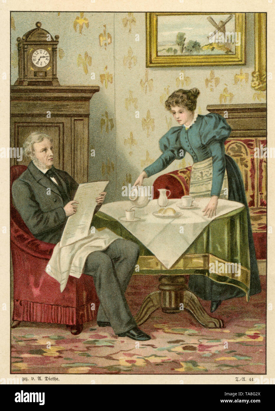 In the old Kaufmans house. Couple drinking coffee. Drawn by A. Diethe. ,  (magazine for yung people, 1898) Stock Photo