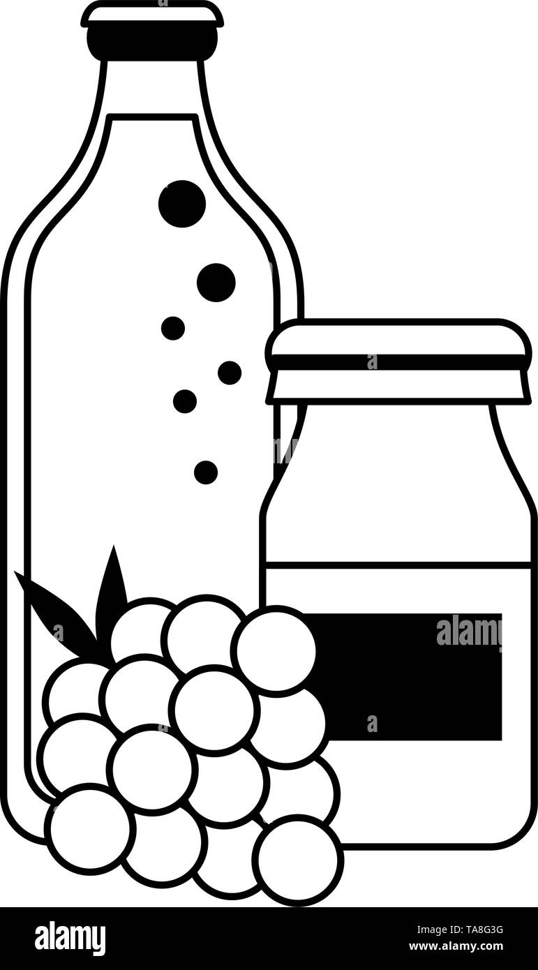 Grapes juice bottles and fruit cartoon in black and white Stock Vector