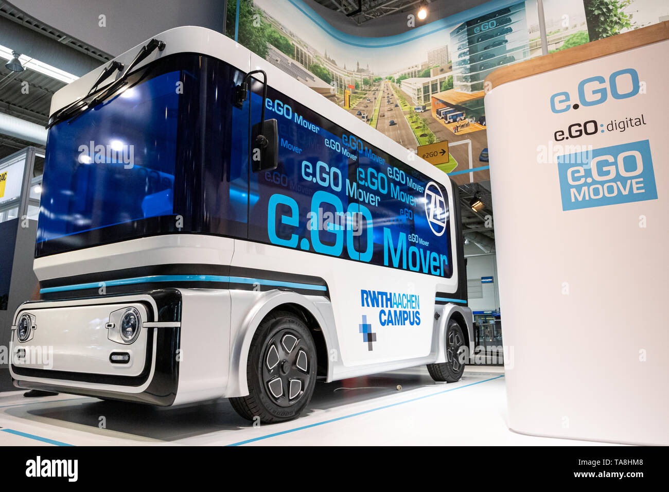 Hannover, Germany. 11th June, 2018. e.GO Mover, multi-purpose fully electric, connected and automated shuttle minibus developed by e.Go Moove GmbH (a joint venture of e.GO Mobile AG, Germany, and ZF Friedrichshafen AH, Germany) presented at CEBIT 2018, international computer expo and Europe's Business Festival for Innovation and Digitization. Credit: Christian Lademann Stock Photo
