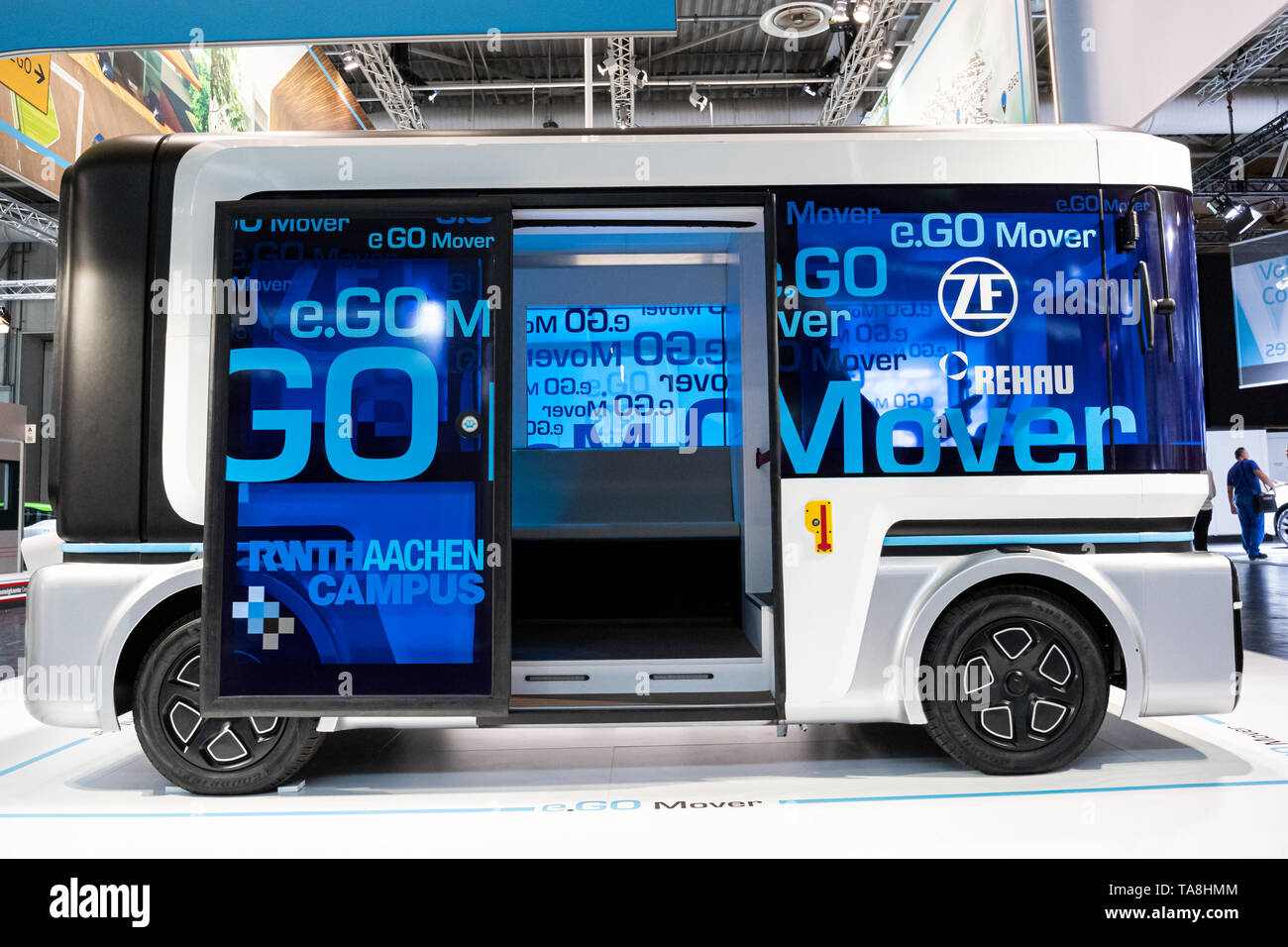 Hannover, Germany. 11th June, 2018. e.GO Mover, multi-purpose fully electric, connected and automated shuttle minibus developed by e.Go Moove GmbH (a joint venture of e.GO Mobile AG, Germany, and ZF Friedrichshafen AH, Germany) presented at CEBIT 2018, international computer expo and Europe's Business Festival for Innovation and Digitization. Credit: Christian Lademann Stock Photo