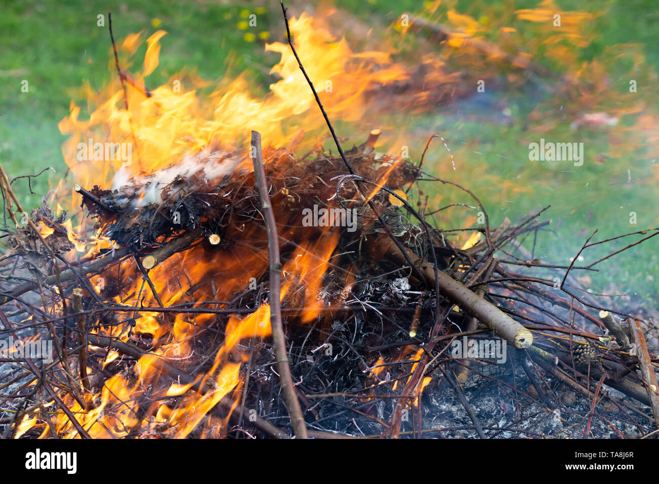 A large pile of burning branches and leaves with smoke Stock Photo - Alamy