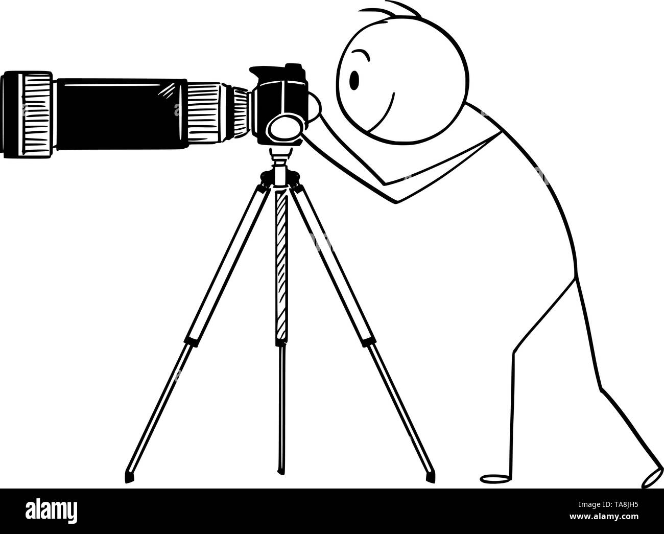 Vector cartoon stick figure drawing conceptual illustration of man or photographer taking photo with camera with big and long zoom or telephoto lens mounted on tripod. Stock Vector
