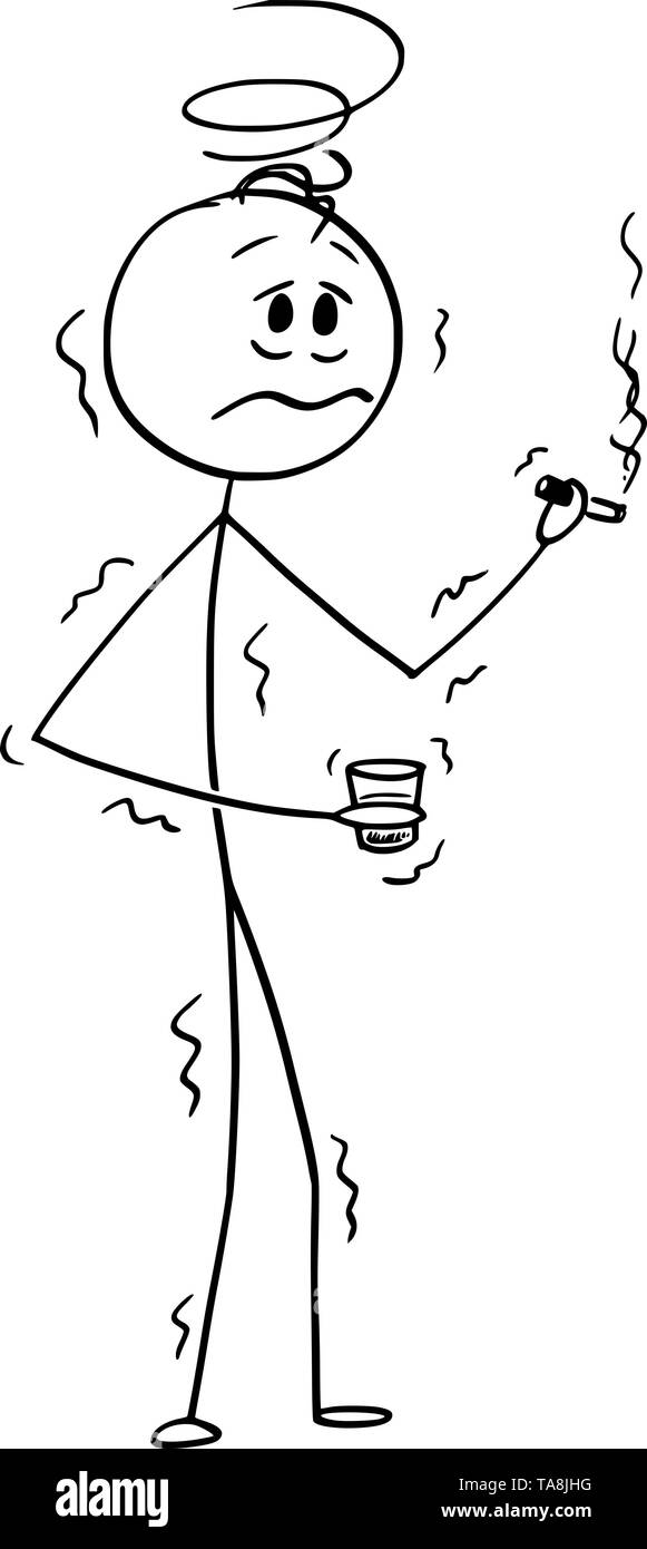 Vector cartoon stick figure drawing conceptual illustration of shaking drunk man holding smoking cigarette or cigar and glass of hard liquor. Concept or alcoholism. Stock Vector