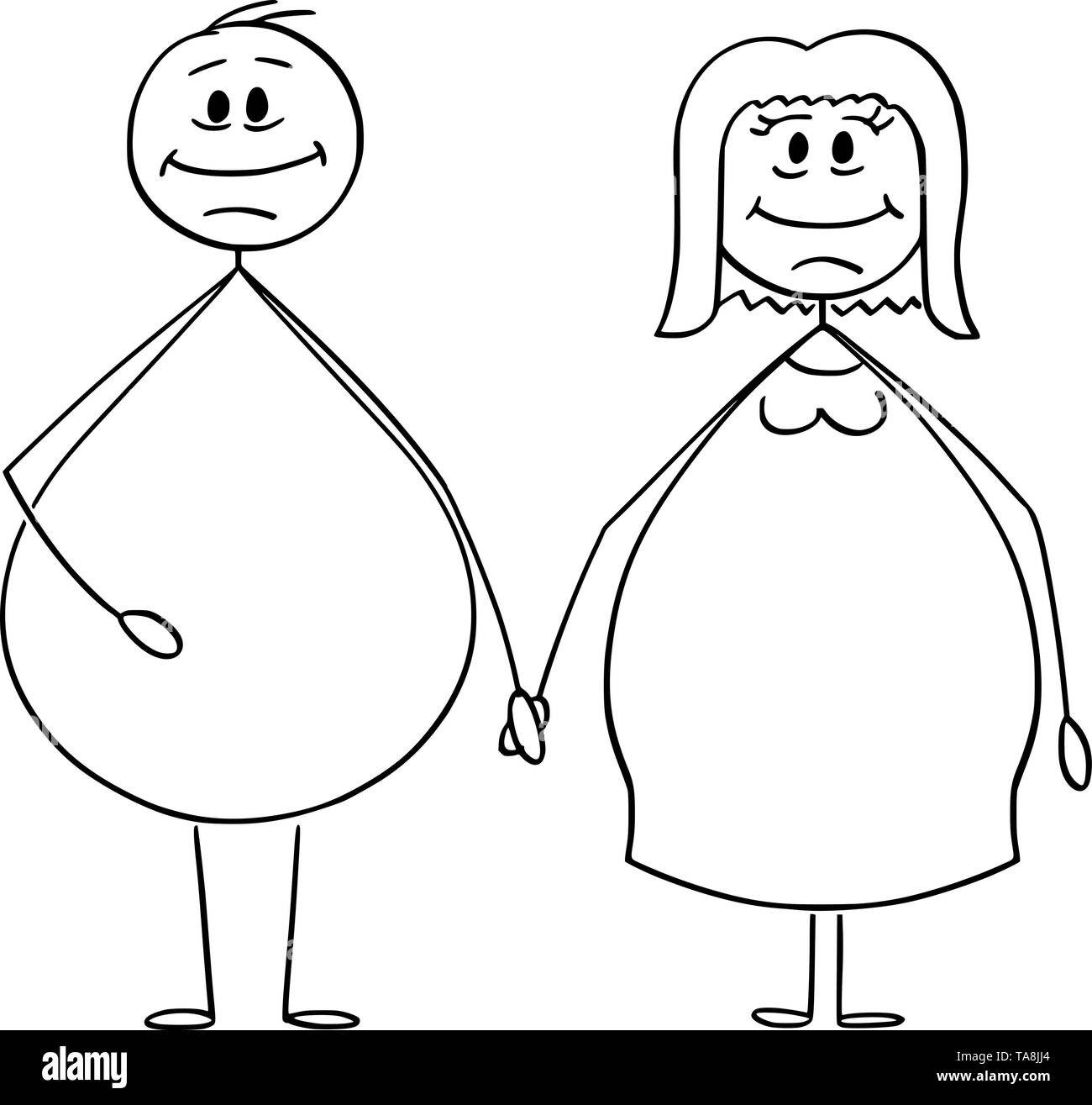Vector cartoon stick figure drawing conceptual illustration of overweight or obese heterosexual couple of man and woman holding hands. Stock Vector