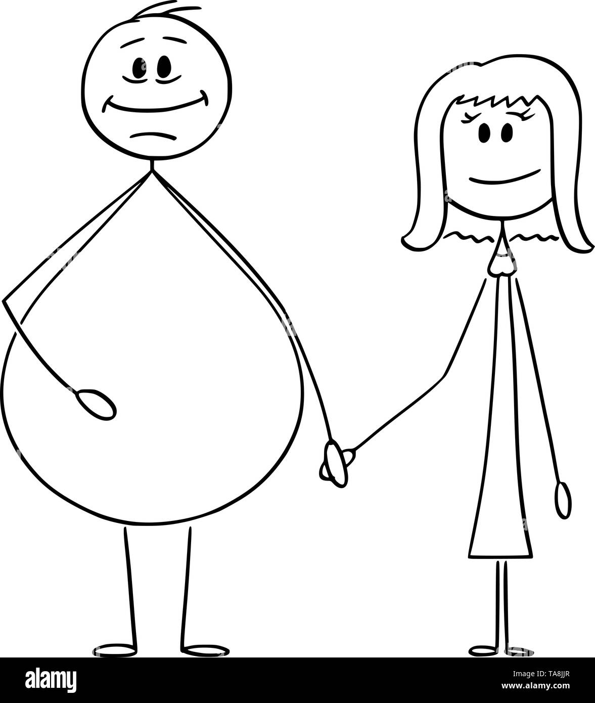 Vector cartoon stick figure drawing conceptual illustration of heterosexual couple of overweight or obese man and slim woman holding hands. Stock Vector