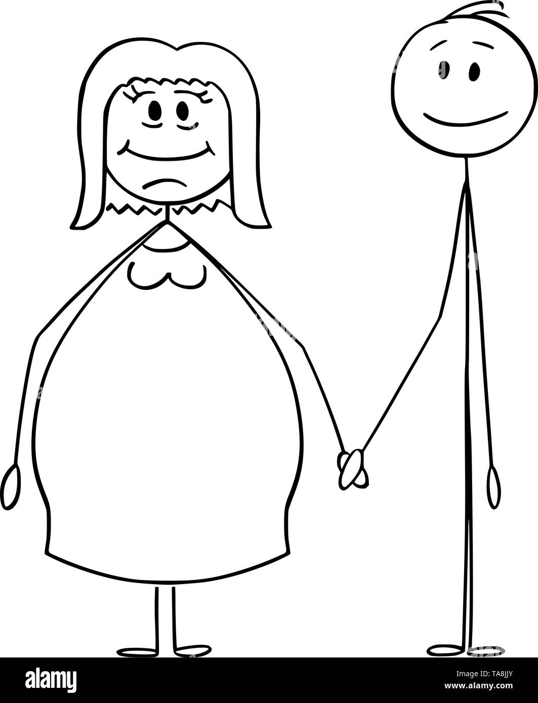 Vector cartoon stick figure drawing conceptual illustration of heterosexual couple of overweight or obese woman and slim man holding hands. Stock Vector
