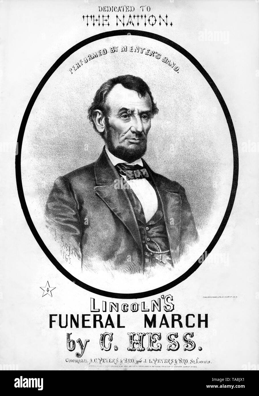 Lincoln's Funeral March by C. Hess, Performed by Menter's Band, Sheet Music, Artwork by J. Gregson, Published by A.C. Peters & Bro., 1865 Stock Photo
