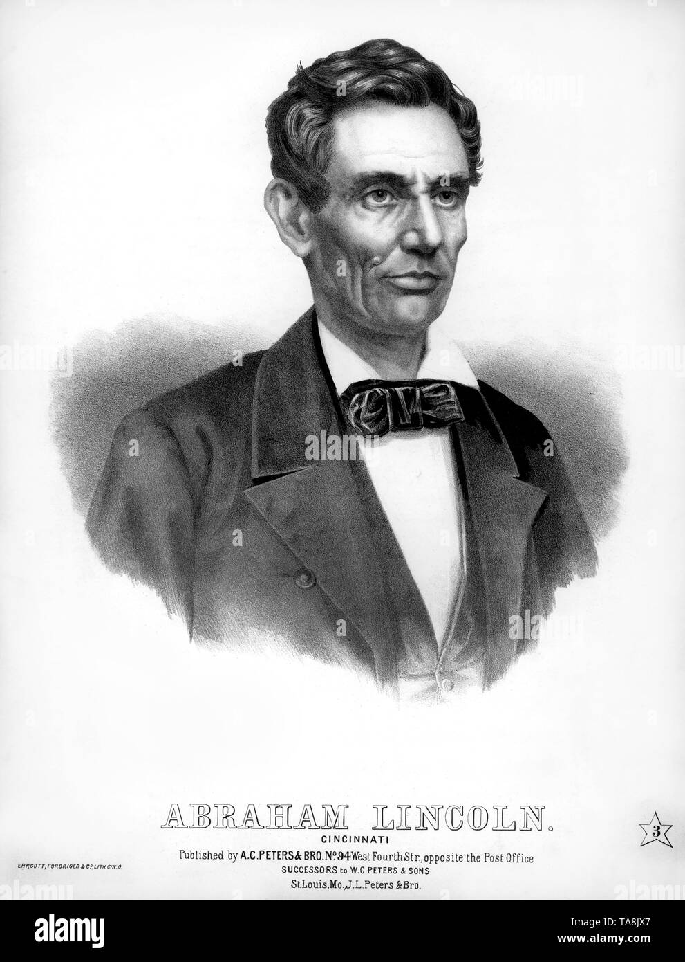 Head and Shoulders Portrait of Abraham Lincoln, Lithograph by Ehrgott, Forbriger & Co., Published by A.C. Peters & Bro., Cincinnati, 1860's Stock Photo