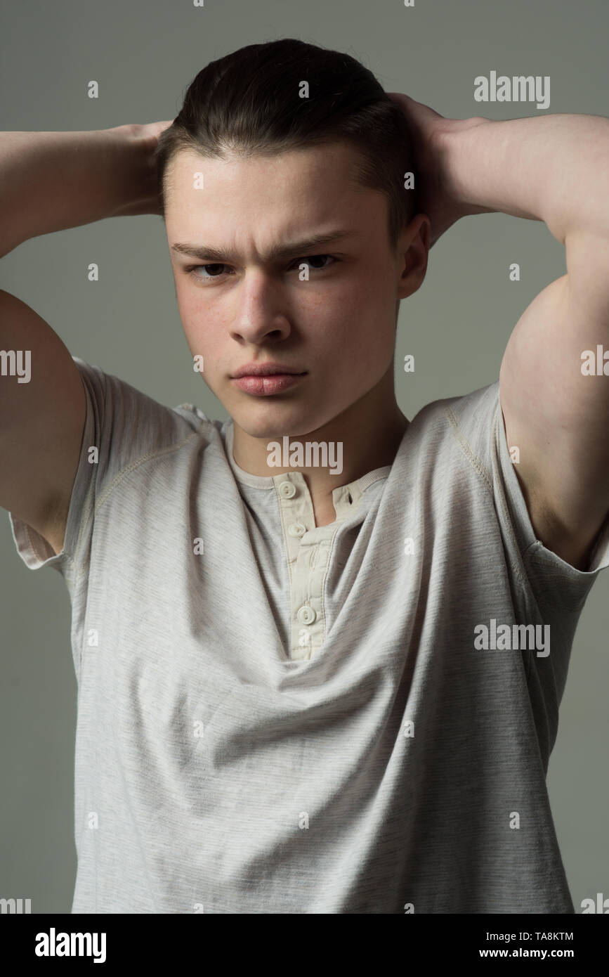 Haircut Concept Man Touch Hair With Hands Haircut Teenage Boy
