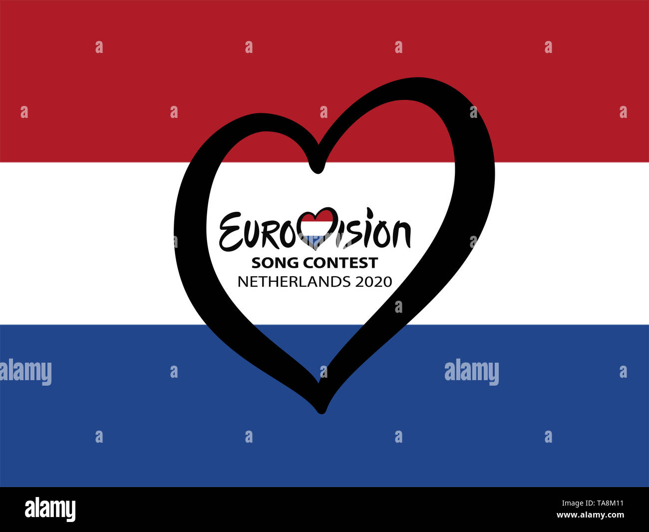 Netherlands Eurovision 2020, Winner of Eurovision Song Contest 2019.Text Netherlands 2020 Eurovision Heart on flag background. Stock Photo