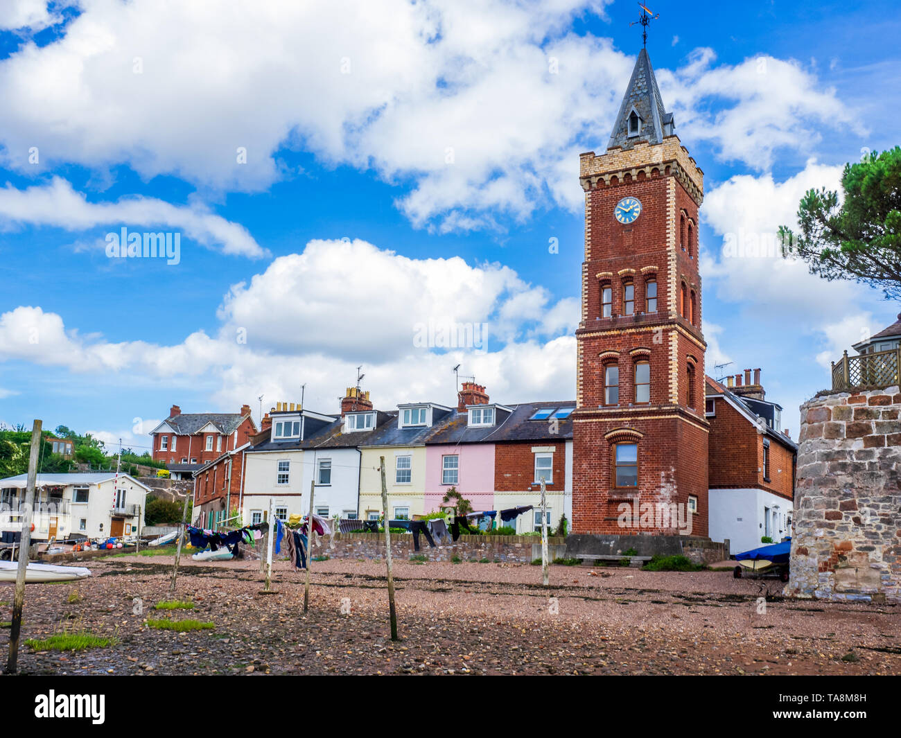 Fishing cottages and the clock tower, Lympstone, Devon Stock Photo