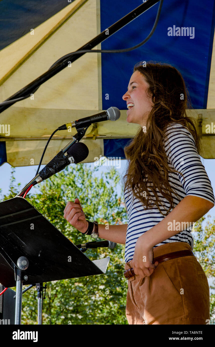 Brigette DePape, infamous former Senate Page, speaks at the Salish Sea Festival, Sept 2, 2012, Waterfront Park, N. Vancouver, BC, Canada Stock Photo