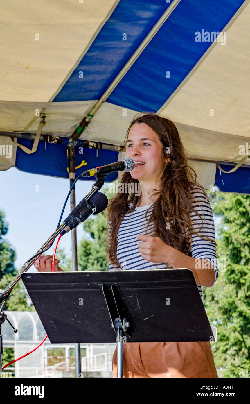 Brigette DePape, infamous former Senate Page, speaks at the Salish Sea Festival, Sept 2, 2012, Waterfront Park, N. Vancouver, BC, Canada Stock Photo