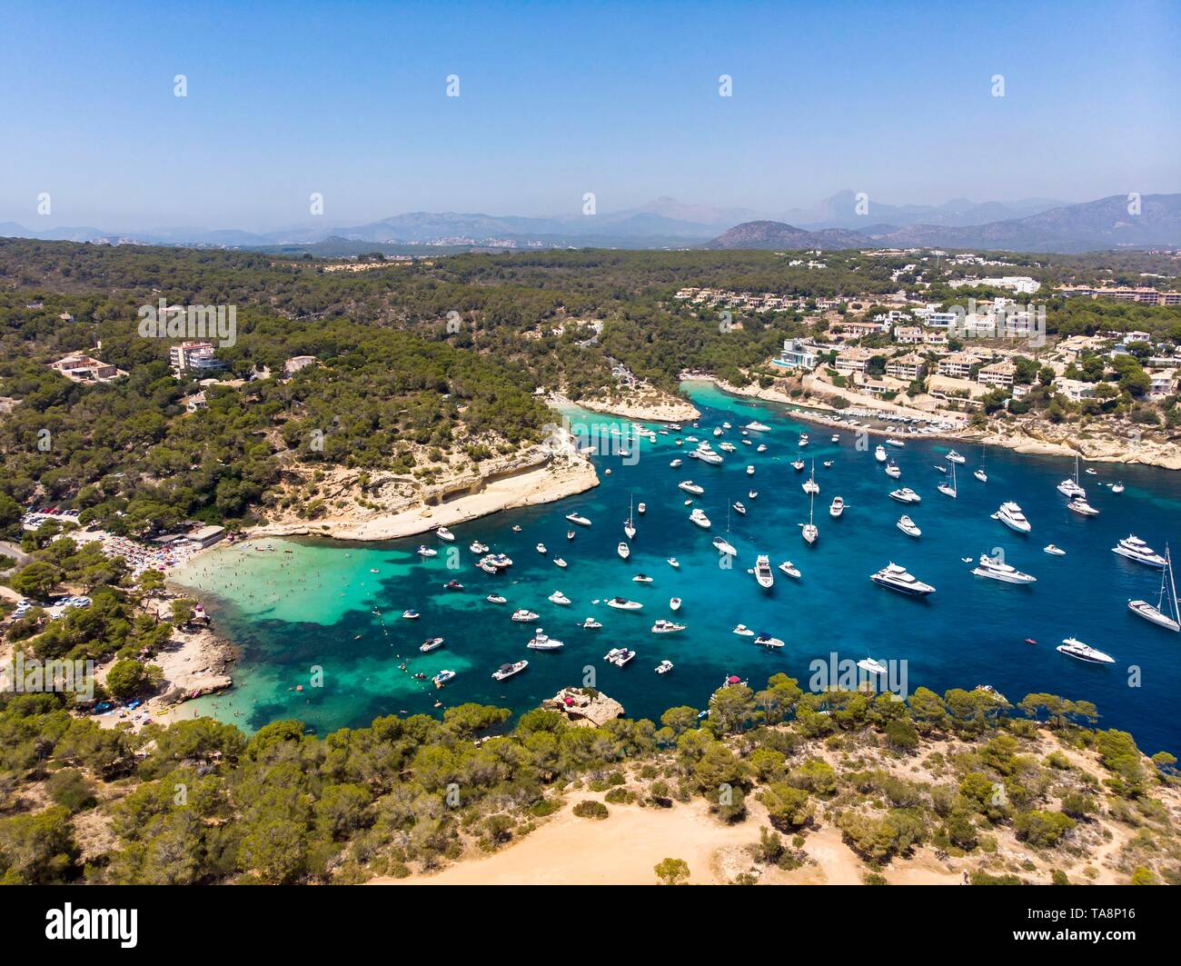 Aerial view, view over the Three Finger Bay of Portals Vells, Majorca, Balearic Islands, Spain Stock Photo
