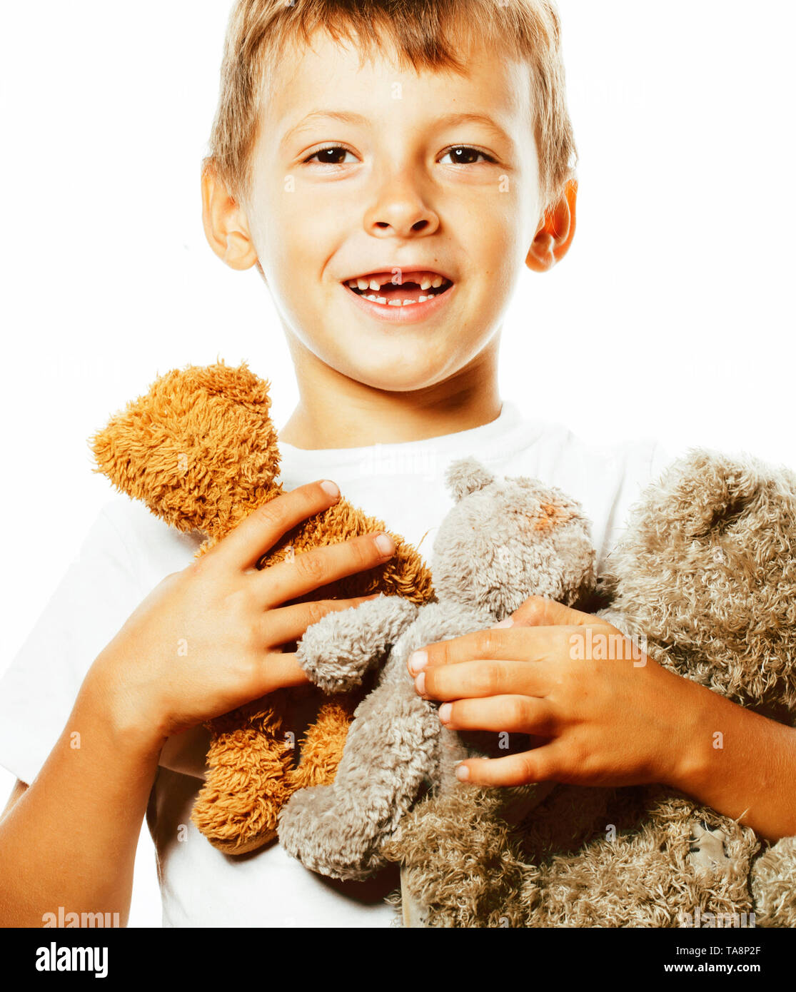 little cute boy with many teddy bears hugging isolated close up Stock ...