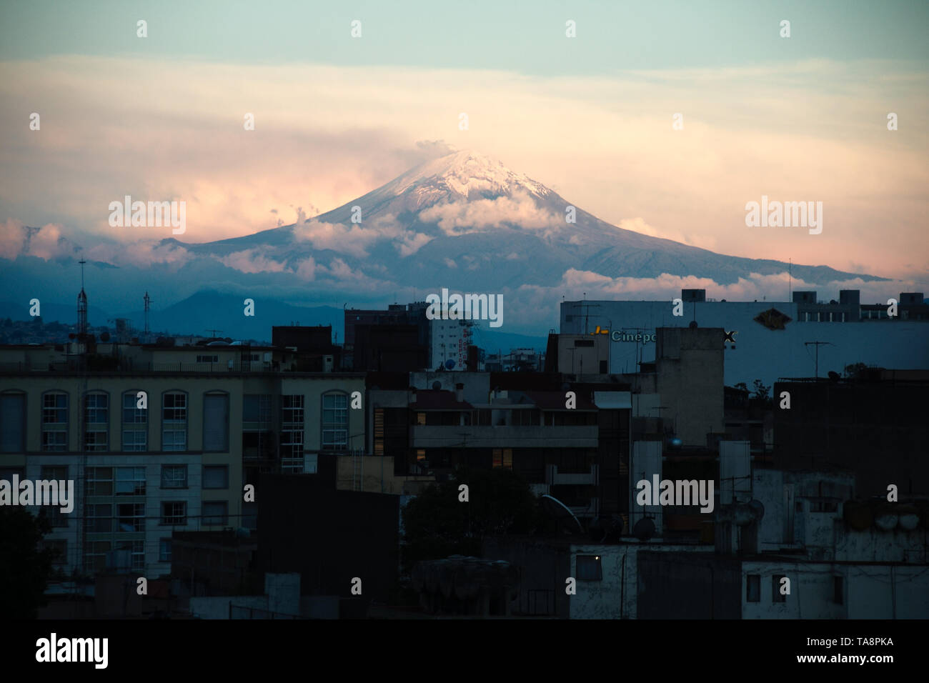 Mexico City, Mexico - 2018: View of Popocatépetl volcano, an active stratovolcano, located in the states of Puebla and Morelos. Stock Photo
