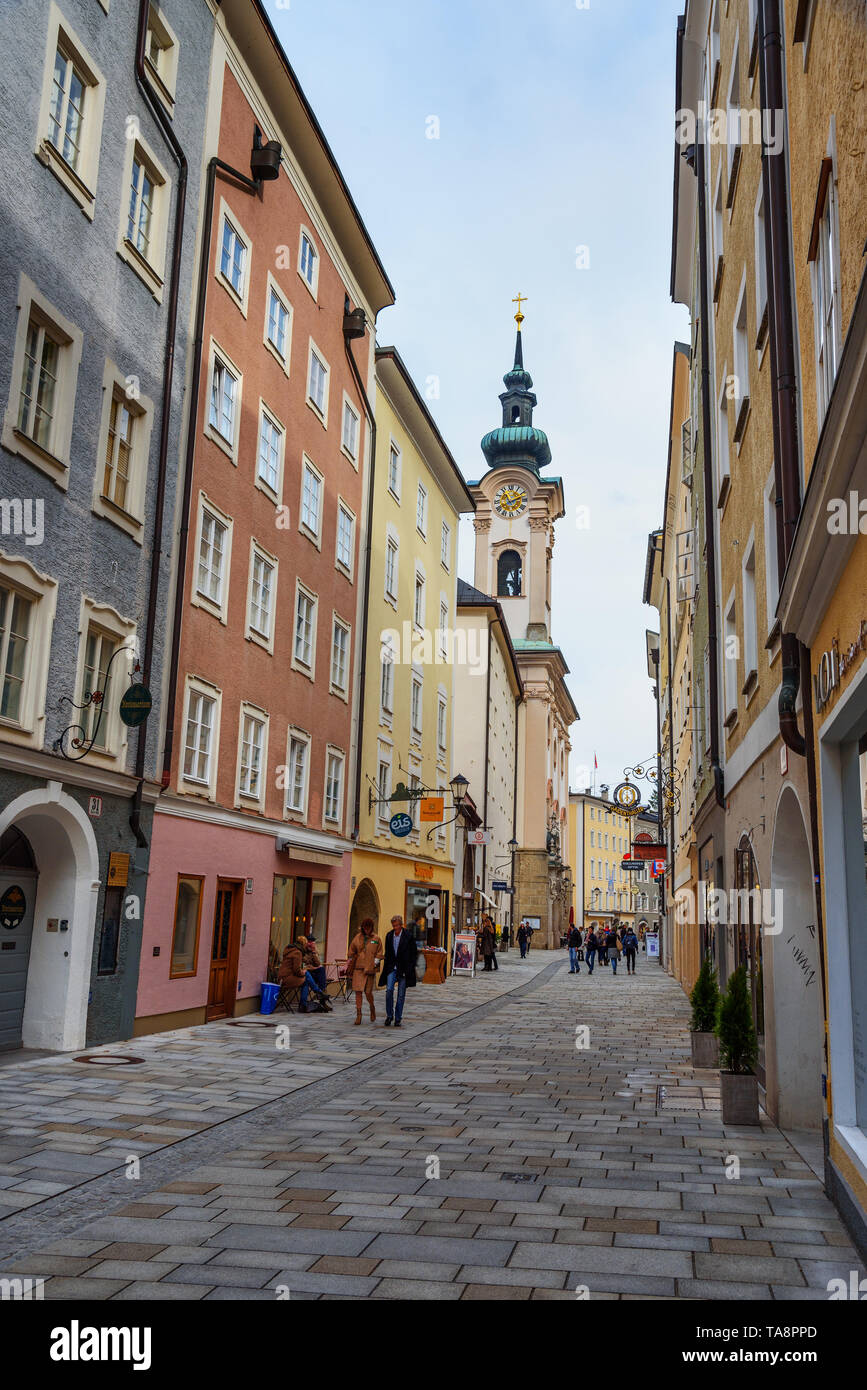 Salzburg, Austria - October 29, 2018: Popular pedestrian shopping street Linzer Gasse in Salzburg. Austria Stock Photo