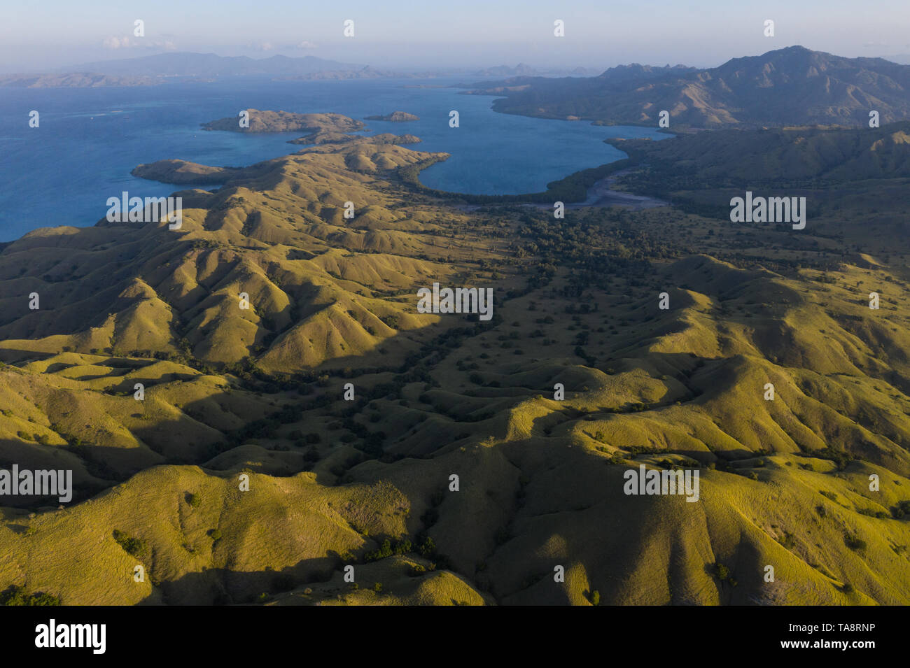 Seen from a bird's eye view, the blue Pacific Ocean surrounds the rugged island of Komodo in Indonesia. This tropical area is known for its diversity. Stock Photo