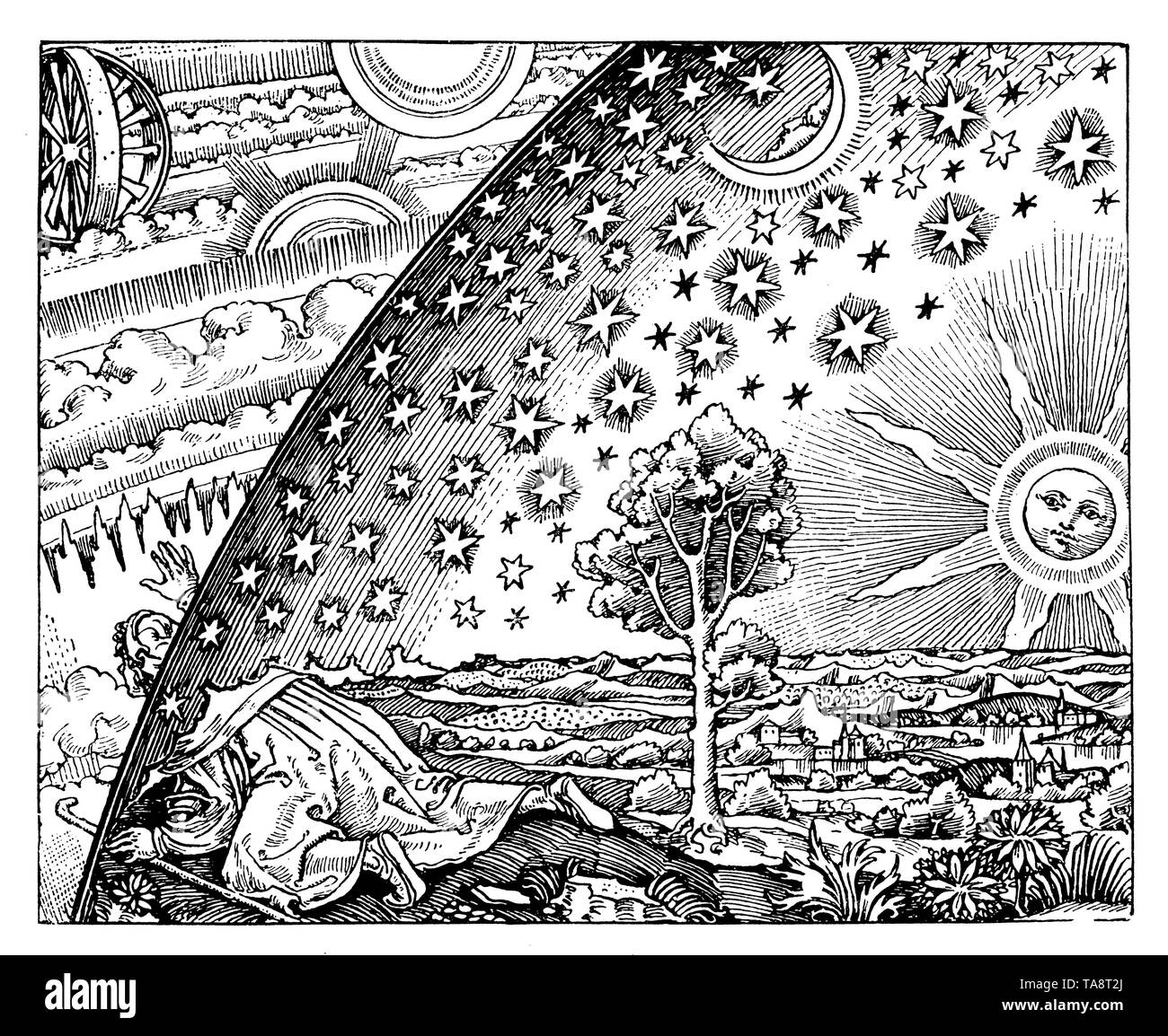Medieval representation of the world system. After Flammarion's 'Astronomy'., ,  (popular science book, 1902) Stock Photo