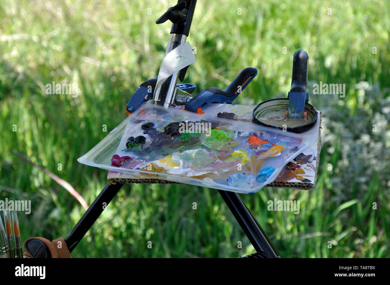 A paint palette outdoors in Spain. Stock Photo