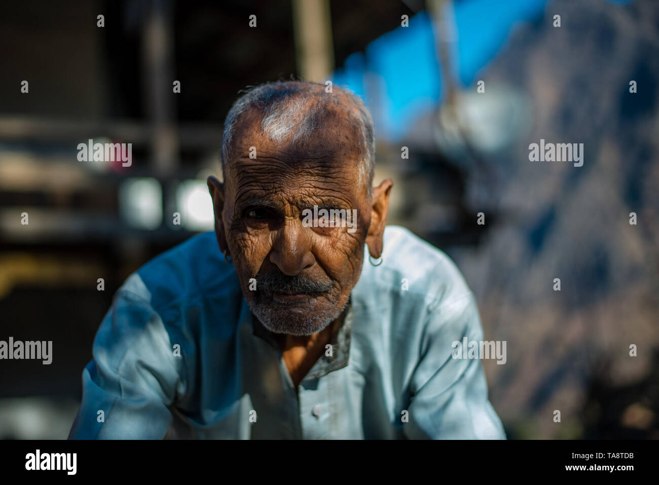 Kullu, Himachal Pradesh, India - January 17, 2019 : Portrait of old man in mountain, Himalayan people Stock Photo