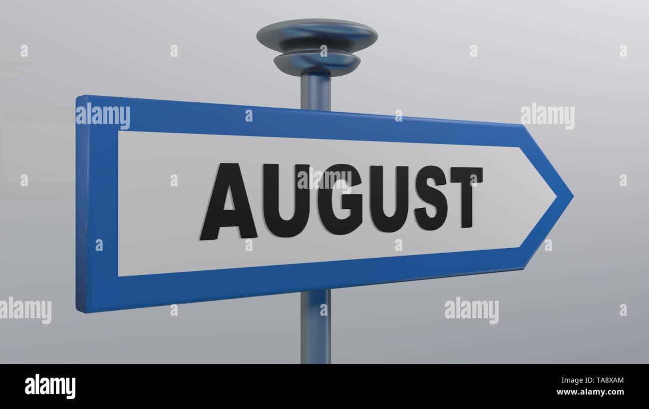 AUGUST blue arrow street sign - 3D rendering illustration Stock Photo ...