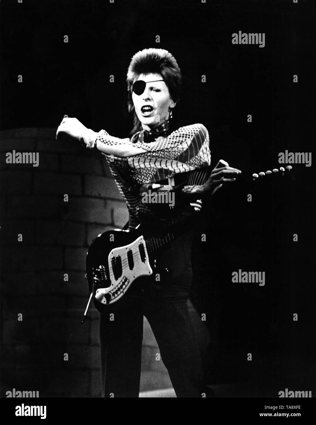 with eyepatch recording Rebel Rebel in the TopPop studios in Hilversum