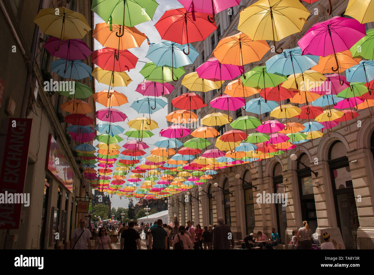 Colorful umbrellas decoration in streets of Timisoara city, Romania, main walking zone Stock Photo