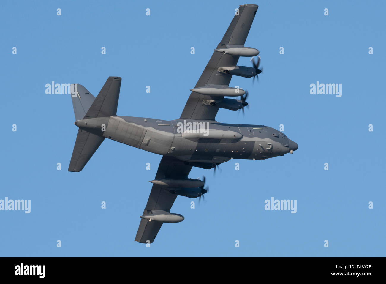 An MC-130J Commando II performs a flyover during the Twilight show before the Defenders of Liberty Air & Space Show at Barksdale Air Force Base, La., May 17, 2019.The airshow was first held in 1933 and is a full weekend of military and civilian aircraft and performances and displays. (U.S. Air Force photo by Senior Airman Maxwell Daigle) Stock Photo