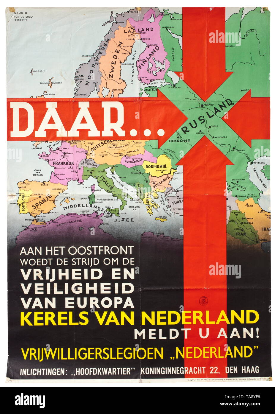 A poster advertising the Volunteer Legion of the Netherlands design by Studio 'Thon de Does' Bussum, 1942 historic, historical, 20th century, 1930s, 1940s, Waffen-SS, armed division of the SS, armed service, armed services, NS, National Socialism, Nazism, Third Reich, German Reich, Germany, military, militaria, utensil, piece of equipment, utensils, object, objects, stills, clipping, clippings, cut out, cut-out, cut-outs, fascism, fascistic, National Socialist, Nazi, Nazi period, Editorial-Use-Only Stock Photo