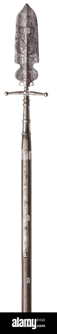 An officer's spontoon, prior to 1729 Ridged blade with flared guard bars screwed into the baluster socket (replaced), the blade etched on both sides with the Saxon Electoral Swords surmounted by a crown between palm branches, below which a blazing grenade and the cypher 'W'. Replacement shaft with long side straps and pointed cone-shaped shoe. Length 235 cm. The cypher 'W' indicates the use of the spontoon in an infantry regiment under the leadership of Christoph Graf Wackerbarth. Cf. Hilbert, Blankwaffen aus drei Jahrhunderten, pp. 125 and fig. , Additional-Rights-Clearance-Info-Not-Available Stock Photo