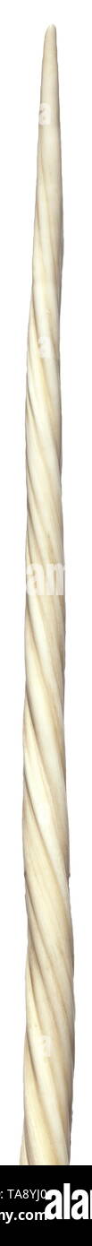 A Greenlandic narwhal tooth, 20th century Splendid tusk with beautifully grown, helically twisted structure. Distinct tip, light-coloured, even surface. Length 236 cm. Only the tusks of old narwhals (Monodon monoceros) living in the open sea reach such impressive lengths as the one at hand. CITES certificates available. historic, historical, hunt, hunts, hunting, utensil, piece of equipment, utensils, trophies, object, objects, stills, clipping, clippings, cut out, cut-out, cut-outs, Additional-Rights-Clearance-Info-Not-Available Stock Photo