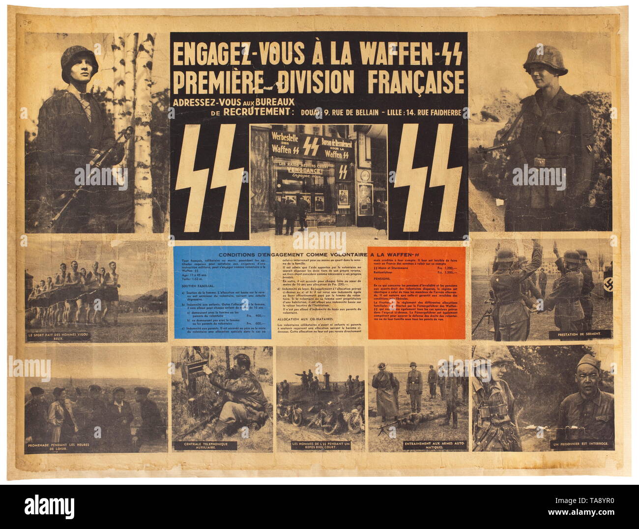 A French propaganda poster advertising the Waffen-SS 'Engagez-vous à  la Waffen-SS - Première Division Francaise' historic, historical, 20th century, 1930s, 1940s, Waffen-SS, armed division of the SS, armed service, armed services, NS, National Socialism, Nazism, Third Reich, German Reich, Germany, military, militaria, utensil, piece of equipment, utensils, object, objects, stills, clipping, clippings, cut out, cut-out, cut-outs, fascism, fascistic, National Socialist, Nazi, Nazi period, Editorial-Use-Only Stock Photo