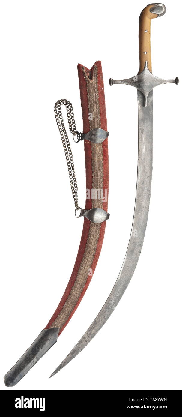 A Persian child's shamshir, 19th century Curved single-edged blade forged of wootz-Damascus with iron quillons and pommel cap. Later replacement plastic grip panels. Wooden scabbard covered in velvet with chiselled suspension bars of wootz-Damascus and iron chape. Length 58.5 cm. historic, historical, Persian, Orient, Oriental, Asia, Asian, 19th century, Additional-Rights-Clearance-Info-Not-Available Stock Photo