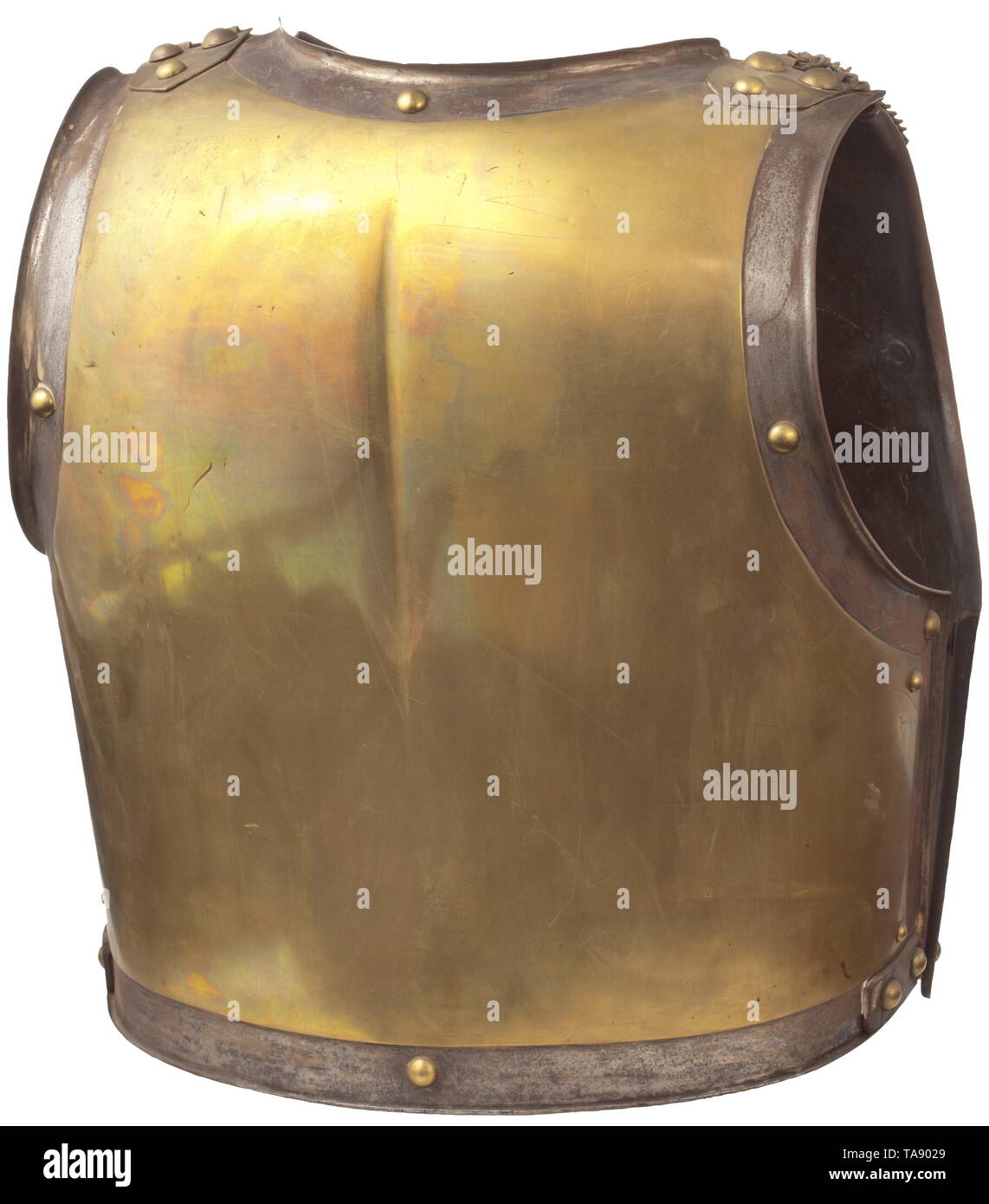 An M 1825 breastplate for enlisted Carabiniers of the Garde Impériale Steel, brass, leather. The breastplate stamped with the maker's signature Klingenthal 1846 and the marks '1846 C' and '2T 1L', together with the eagle emblem in a sun burst, screwed on the back with two wing nuts. The backplate with maker's mark Klingenthal 1831, the leather shoulder straps overlaid with chains (leather torn), the waist belt torn. Signs of age and use. Rare. historic, historical, 19th century, Europe, 19th century, Additional-Rights-Clearance-Info-Not-Available Stock Photo