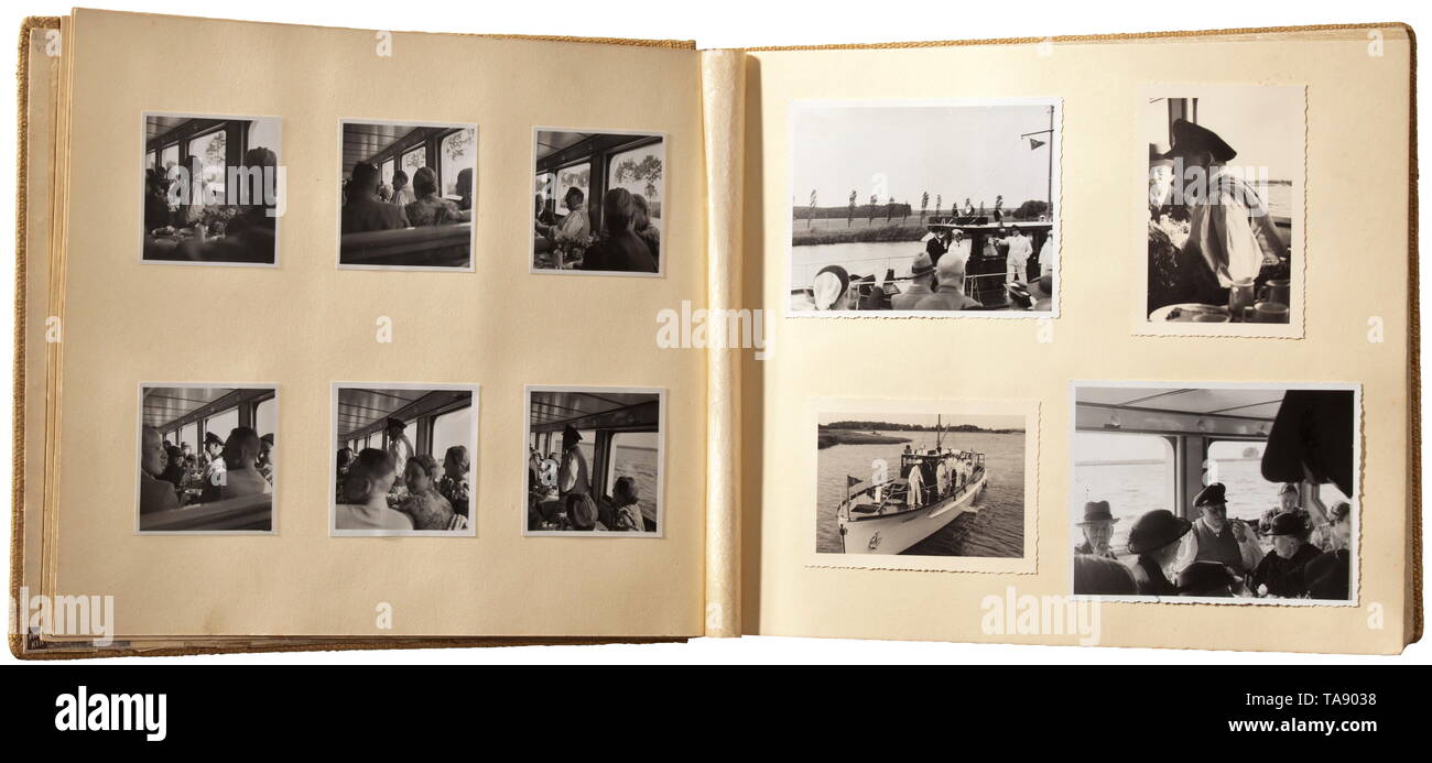 Hermann Göring - a photograph album of the extended family unit 'Göring, Stein, Lohe, Lüps' Photograph album with approximately 260 pictures, all taken in 1938, of which circa 25 show Göring at a family reunion in Berlin, some with his yacht 'Carin II' (ten photographs) at Lake Wannsee. Includes the report published later (damaged) with some of the illustrated photographs. Interesting material on the extended family and private circle of Hermann Göring. Album dimensions 25 x 32 cm. historic, historical, 20th century, 1930s, NS, National Socialism, Nazism, Third Reich, Germa, Editorial-Use-Only Stock Photo