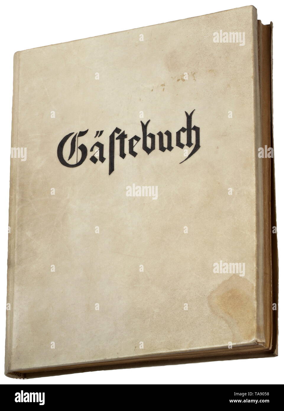 A guest book belonging to the Reich stage designer Benno von Arent (1898 - 1956) - with original signatures, including Adolf Hitler, Joseph Goebbels The book with a parchment binding (wavy) and gilt edged pages. Eminent politicians, military figures and civilians with approximately 150 original signatures and dedications spread over 27 pages, dating from the period 1938-43. Including Adolf Hitler, Joseph and Magda Goebbels, Arno Breker, Hermann Fegelein, Josef (Sepp) Dietrich, Albert Speer and others according to the enclosed list. Album dimensions circa 20 x 24.5 x 2.5 cm., Editorial-Use-Only Stock Photo