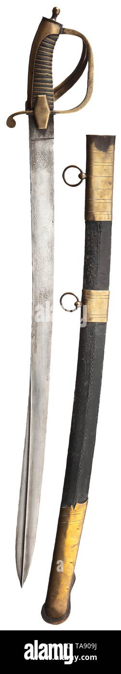 A sabre M 1858 for petty officers and sergeants of the Russian navy Slightly curved, single-edged blade with the Russian manufacturer's mark 'Zlatoust 1856' etched into the back. Floral cartouches (rubbed) with the tsarist cypher 'A', an anchor and a chain etched into both sides. Brass knuckle-bow hilt with two guard bars (one slightly bent). Illegible Cyrillic manufacturer's mark stamped onto the knuckle-bow. Leather-covered grip wrapped with brass wire. Black leather scabbard with brass fittings. Length 86 cm. Rare. Cf. A. Kulinsky, Russische B, Additional-Rights-Clearance-Info-Not-Available Stock Photo