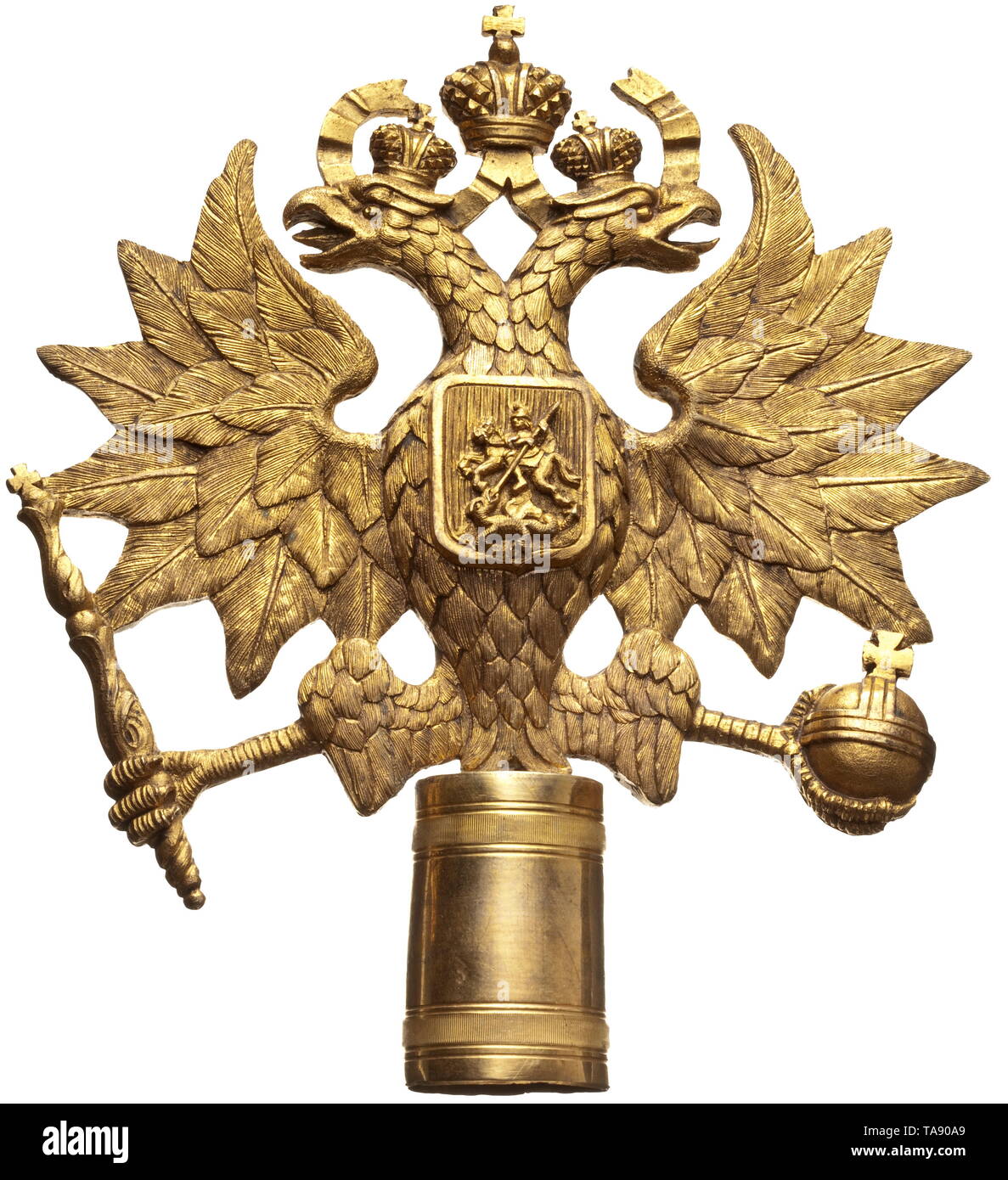 A Russian double-headed eagle top, probably for the tsar's pages, circa 1900 Gilded bronze. Delicately chased and engraved Russian double-headed eagle on the front. Height 18 cm. Good, used condition. Rare. historic, historical, 20th century, Additional-Rights-Clearance-Info-Not-Available Stock Photo