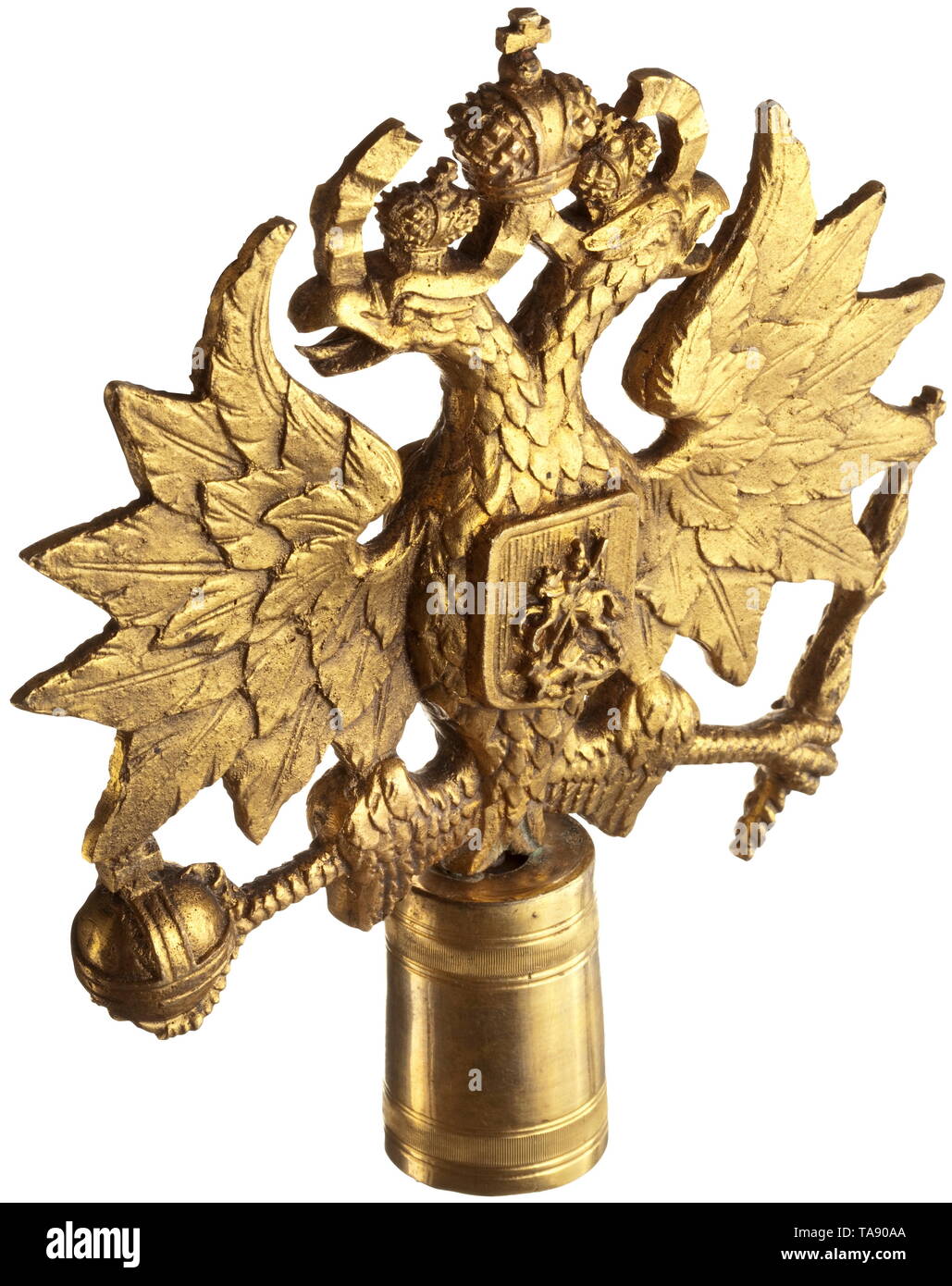A Russian double-headed eagle top, probably for the tsar's pages, circa 1900 Gilded bronze. Delicately chased and engraved Russian double-headed eagle on the front. Height 18 cm. Good, used condition. Rare. historic, historical, 20th century, Additional-Rights-Clearance-Info-Not-Available Stock Photo