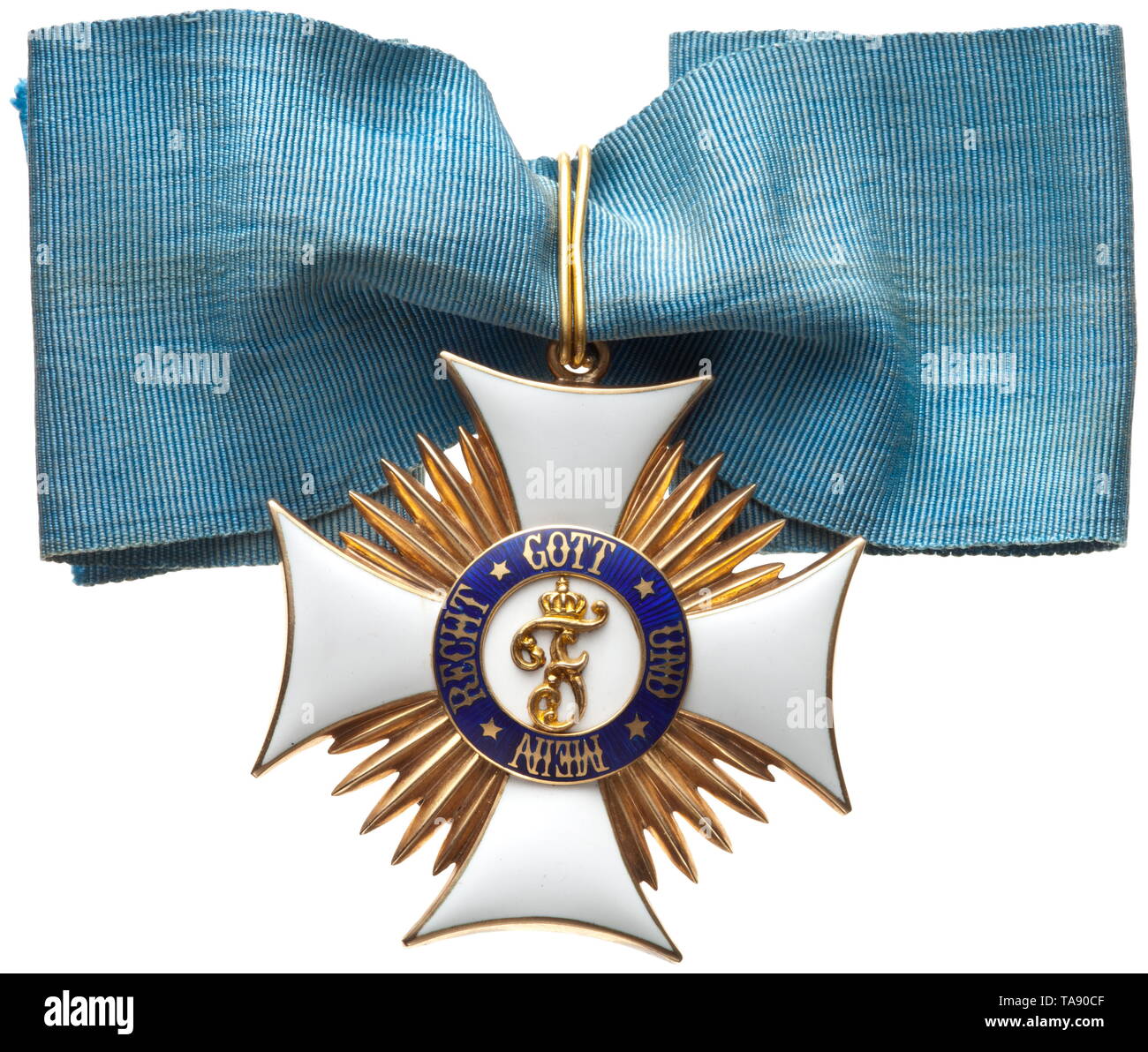 Friedrich Order - a commander's cross Neck cross fashioned in gold and enamel by the firm Eduard Foehr in Stuttgart about 1900, a small repair in the translucent blue enamel of the reverse medallion. On a somewhat faded neck ribbon for wear. Width 53.5 mm. Weight 31.9 g historic, historical, medal, decoration, medals, decorations, badge of honour, badge of honor, badges of honour, badges of honor, 20th century, Additional-Rights-Clearance-Info-Not-Available Stock Photo