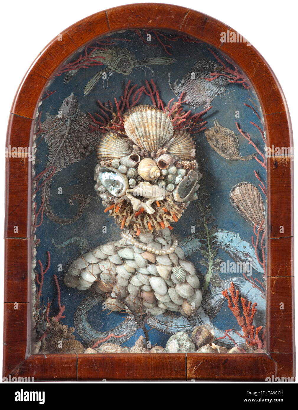 A German or English shell collage in the style of Giuseppe Arcimboldo, 1st half of the 19th century A collage of shells depicting the bust of a bearded man, a fine string of pearls around his neck. The box frame lined with coloured decorative paper with maritime motifs and embellished with shells and branches of coral. The arched frame with glass and made of walnut, the back covered in decorative paper. Old suspension ring on the back. Dimensions 24 x 18.5 cm. historic, historical, handicrafts, handcraft, craft, object, objects, stills, clipping,, Additional-Rights-Clearance-Info-Not-Available Stock Photo
