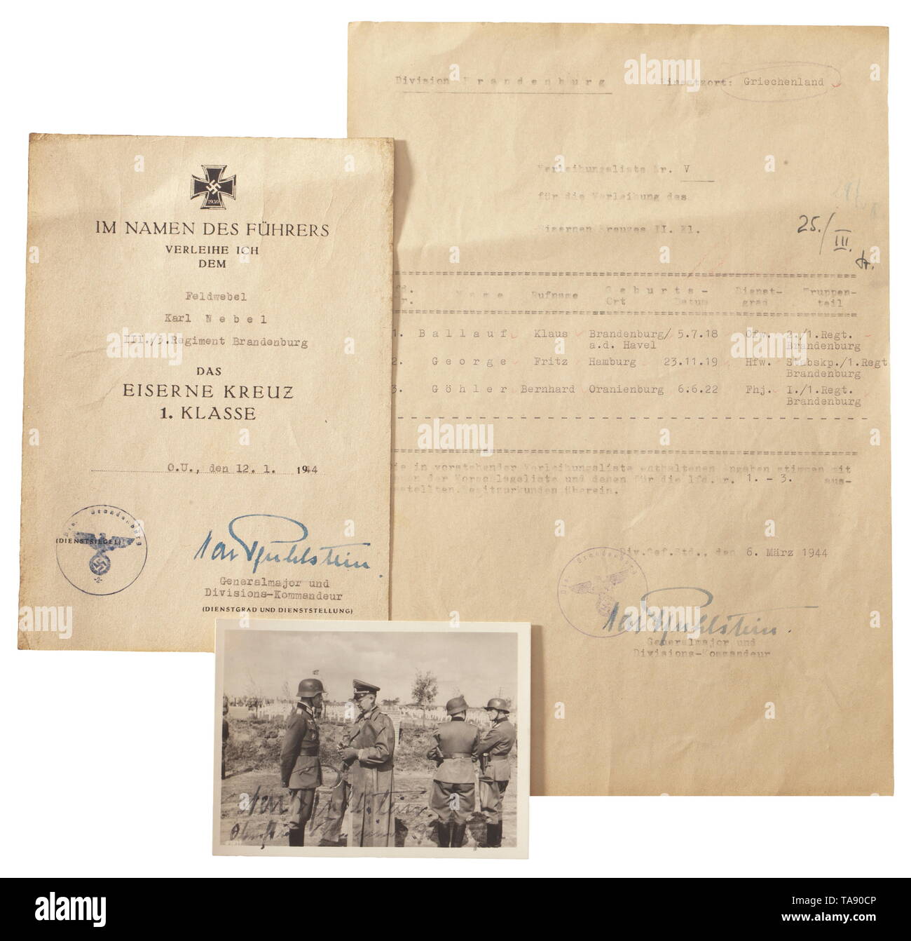 Division 'Brandenburg' Three documents and a photograph. Award document for the Iron Cross 1st Class to Feldwebel Karl Nebel 'III./3.Regiment Brandenburg' issued 12 January 1944 with original signature of Generalmajor von Pfuhlstein. Award listing for the Iron Cross 2nd Class, (tr.) 'Operational Area Greece' dated 6 March 1944, with three 'Brandenburgers' listed. Photo of von Pfuhlstein as an Oberst (Colonel) and regimental commander, signed on the front, reverse labelled, vestiges of adhesive. Career soldier Alexander von Pfuhlstein (1889 - 1976) assumed command of the 'Br, Editorial-Use-Only Stock Photo
