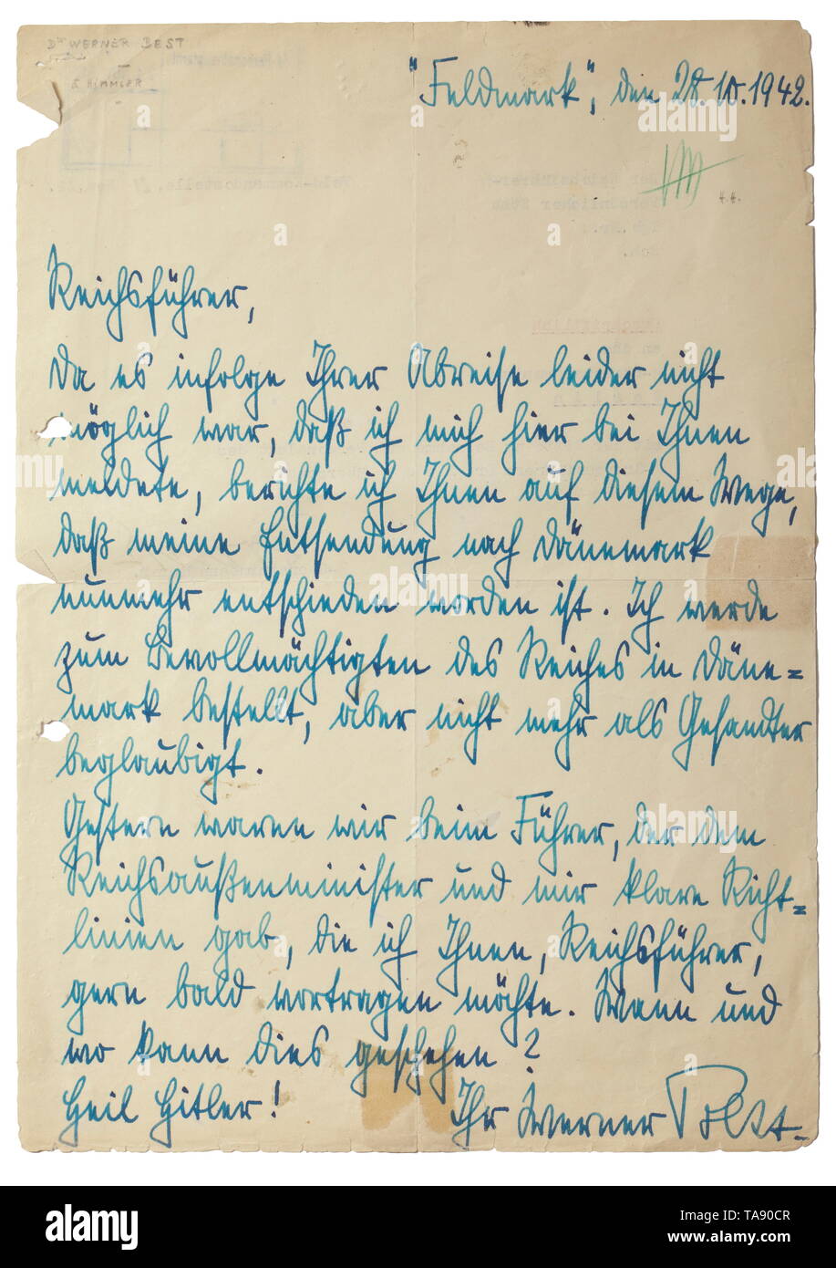 SS-Obergruppenführer Dr. Werner Best - a letter to the Reichsführer-SS Written on 28 October 1942 to (tr.) 'Reichsführer, because of your departure it was not possible for me to tell you, so I will notify you in this way that my posting to Denmark has been decided. I will be appointed as Reich Plenipotentiary in Denmark, but no longer accredited as ambassador. Yesterday we were with the Führer, who gave the Reich foreign minister and me clear instructions which I want to recite to you soon, Reichsführer. When and where can this happen? Heil Hitler your Werner Best'. The upp, Editorial-Use-Only Stock Photo