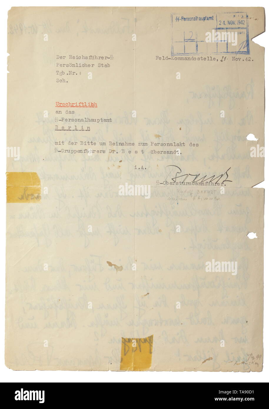 SS-Obergruppenführer Dr. Werner Best - a letter to the Reichsführer-SS Written on 28 October 1942 to (tr.) 'Reichsführer, because of your departure it was not possible for me to tell you, so I will notify you in this way that my posting to Denmark has been decided. I will be appointed as Reich Plenipotentiary in Denmark, but no longer accredited as ambassador. Yesterday we were with the Führer, who gave the Reich foreign minister and me clear instructions which I want to recite to you soon, Reichsführer. When and where can this happen? Heil Hitler your Werner Best'. The upp, Editorial-Use-Only Stock Photo