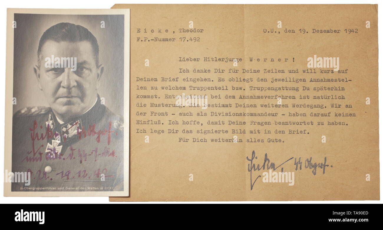 Two signatures of Theodor Eicke (1892 - 1943) A letter and a Hoffmann card signed by the concentration camp inspector and later commander of 3rd SS Division 'Totenkopf' to a Hitler Youth who intends to apply for the Waffen-SS. Two handwritten signatures of Theodor Eicke, the letter with original signature and field post-number '17492' and text (tr.) 'Dear Hitler Youth Werner!...'. Dimensions 10 x 15 cm and 14.5 x 20 cm. historic, historical, 20th century, 1930s, 1940s, Waffen-SS, armed division of the SS, armed service, armed services, NS, National Socialism, Nazism, Third , Editorial-Use-Only Stock Photo