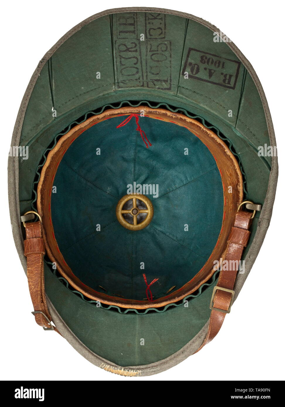 A tropical helmet M 1900 of the East Asiatic Expeditionary Corps Depot piece. Cork body with field-grey textile covering and edging (blemishes), unscrewable ventilation cap and folding neck guard. Green liner, brown leather sweatband with size stamping '54 1/2', embossed maker's crest and lettering 'Ludwig Bortfeldt Bremen', brown chinstrap with brass slides. The neck guard underside stamped 'B.A.O. 1903' and quadruple stamped '10 IR - I.B. - 3.K. - 1905'. Pinned on golden imperial eagle, trim band in white arm of service colour with pinned lacqu, Additional-Rights-Clearance-Info-Not-Available Stock Photo