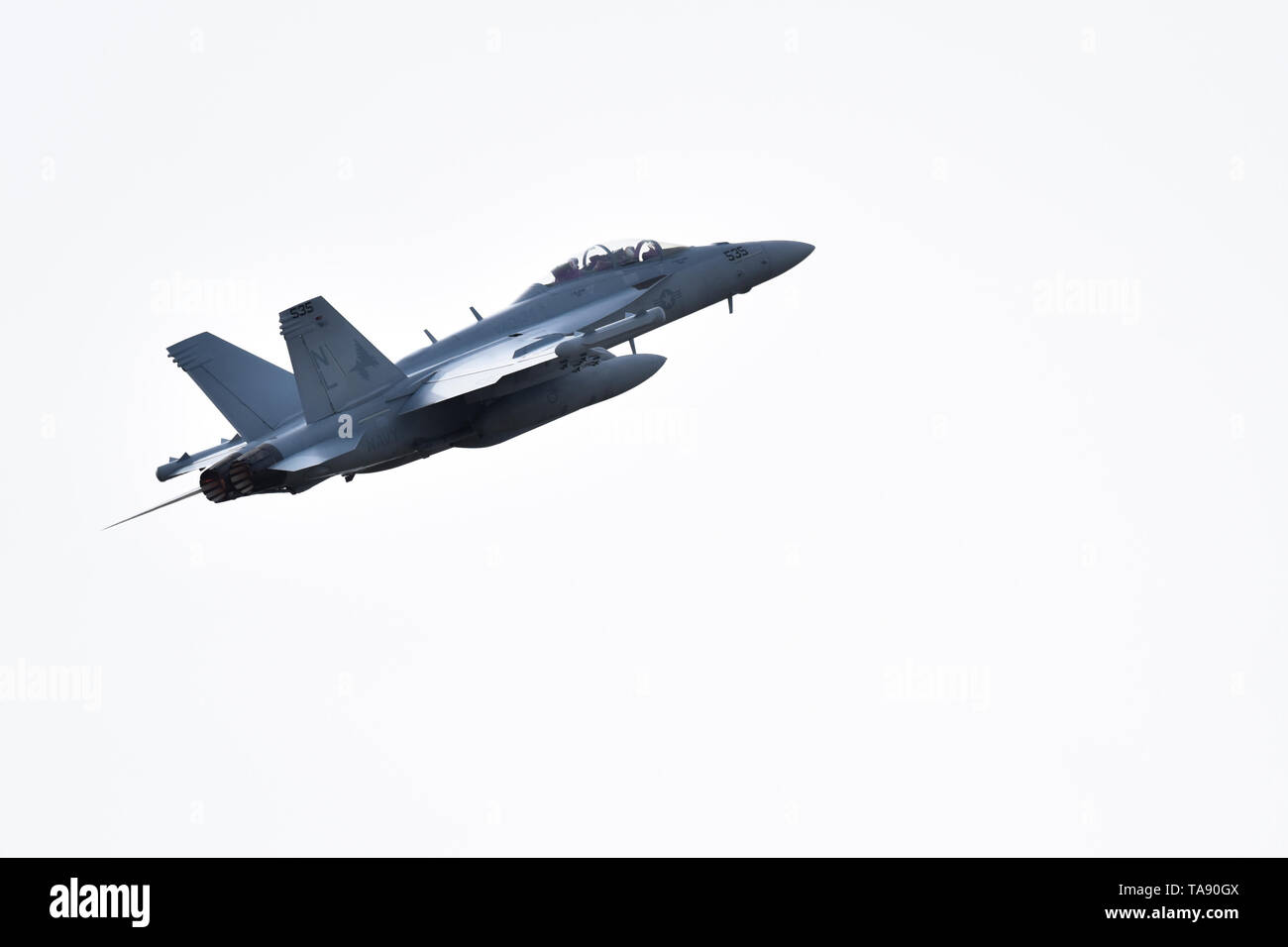 A U.S. Air Force EA-18G Growler assigned to VAQ-134 flies during Northern Edge, May 14, 2019, at Eielson Air Force Base, Alaska. Units participating in Northern Edge have access to the Joint Pacific Alaska Range Complex, which is one of the largest training ranges in the world, with approximately 65,000 square miles of available airspace; 2,500 square miles of land and 42,000 square nautical miles of surface, subsurfaces and overlying airspace. (U.S. Air Force photo by Senior Airman Eric M. Fisher) Stock Photo