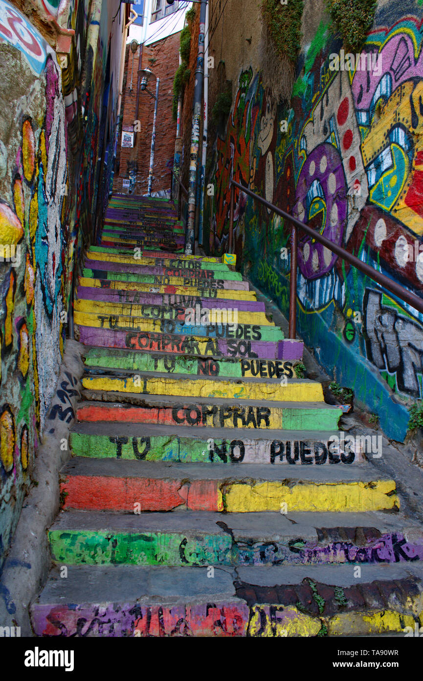 Street art – painted stairs in Valparaíso, Chile. Stock Photo